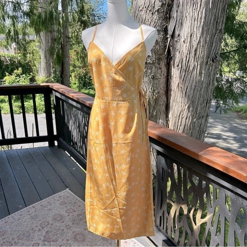 Mauby Nectar Wrap Dress | Orange Strappy Dainty Floral Print Midi Sun Dress | XS
